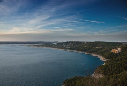 Aerial view over Lakeway waterfront in West Austin, TX